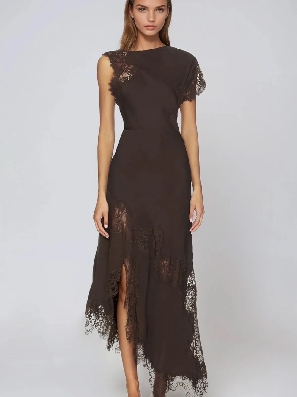 High-Low Lace Trim Dress in Dark Brown